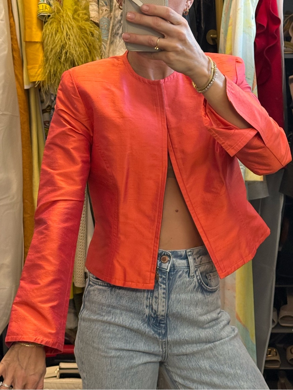 Vintage 100% Silk Women's Cropped iridescent Coral Jacket